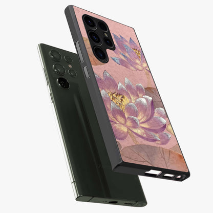 Blossom Mist Lotus Glass Case displayed in angled mockup highlighting delicate lotus illustration with calm aesthetic theme.