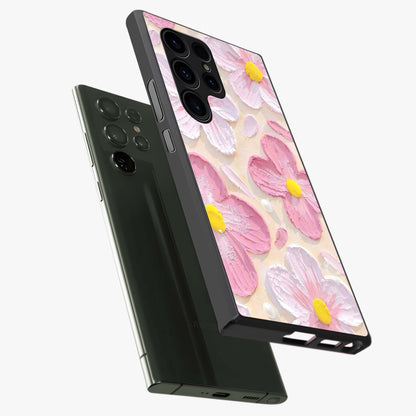 Blush Bloom Texture Glass Case displayed in angled mockup highlighting subtle bloom pattern with aesthetic pastel design.