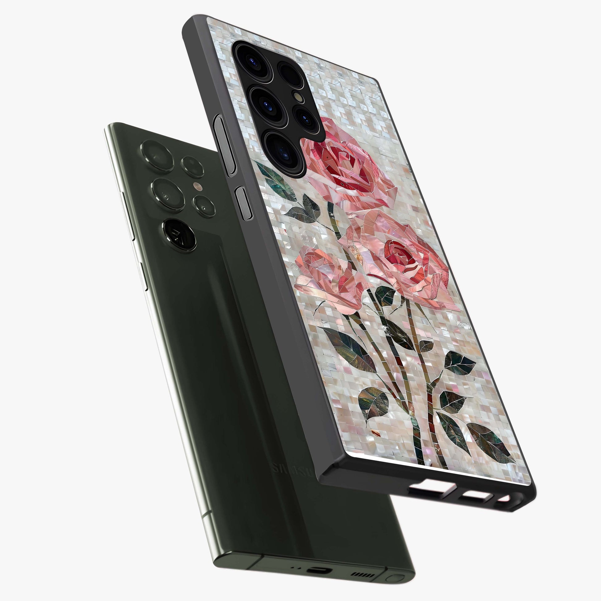Blush Mosaic Bloom Glass Case displayed in angled mockup highlighting artistic mosaic flower pattern with aesthetic design.