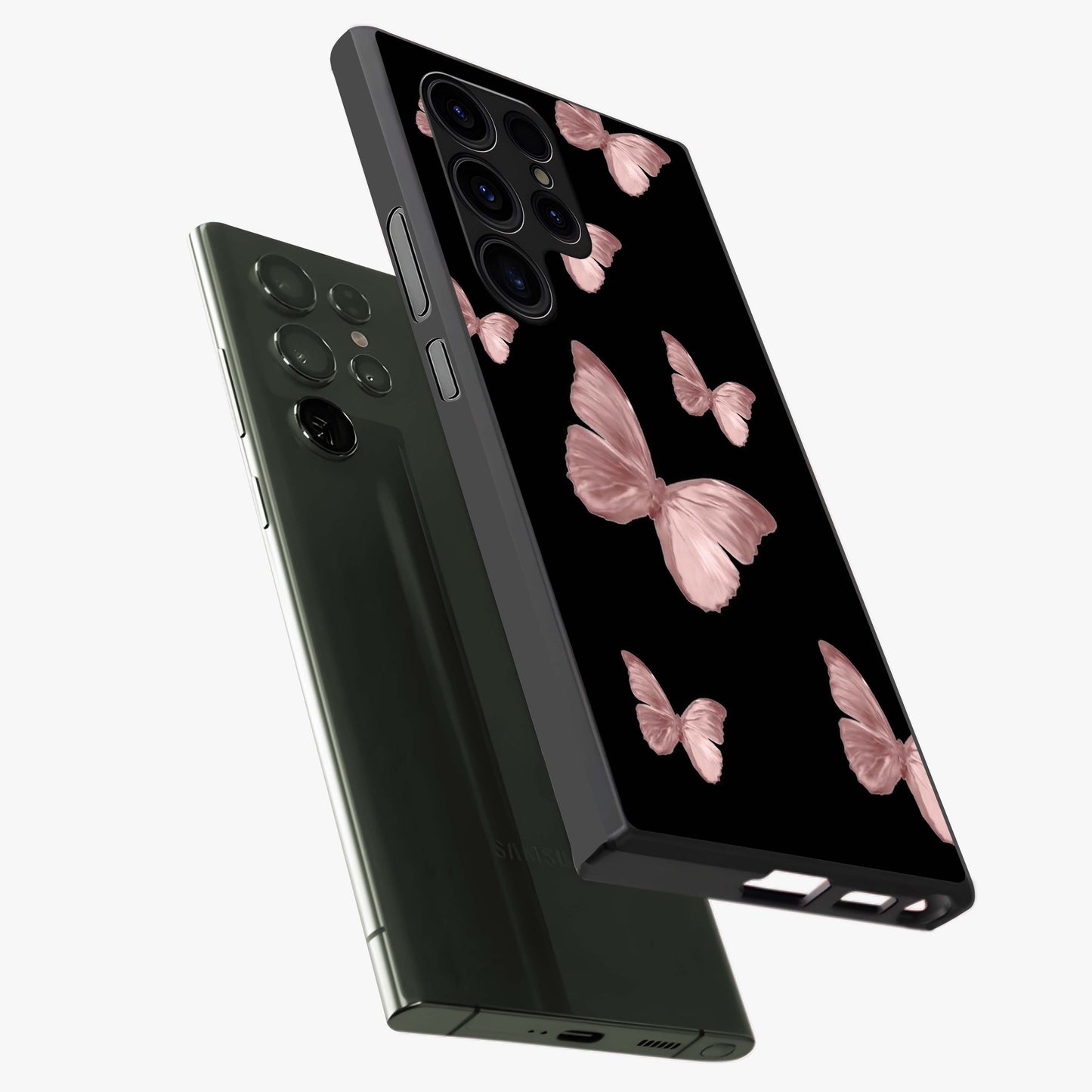 Butterfly Pattern Glass Case displayed in angled mockup highlighting delicate butterfly design and aesthetic pattern style.