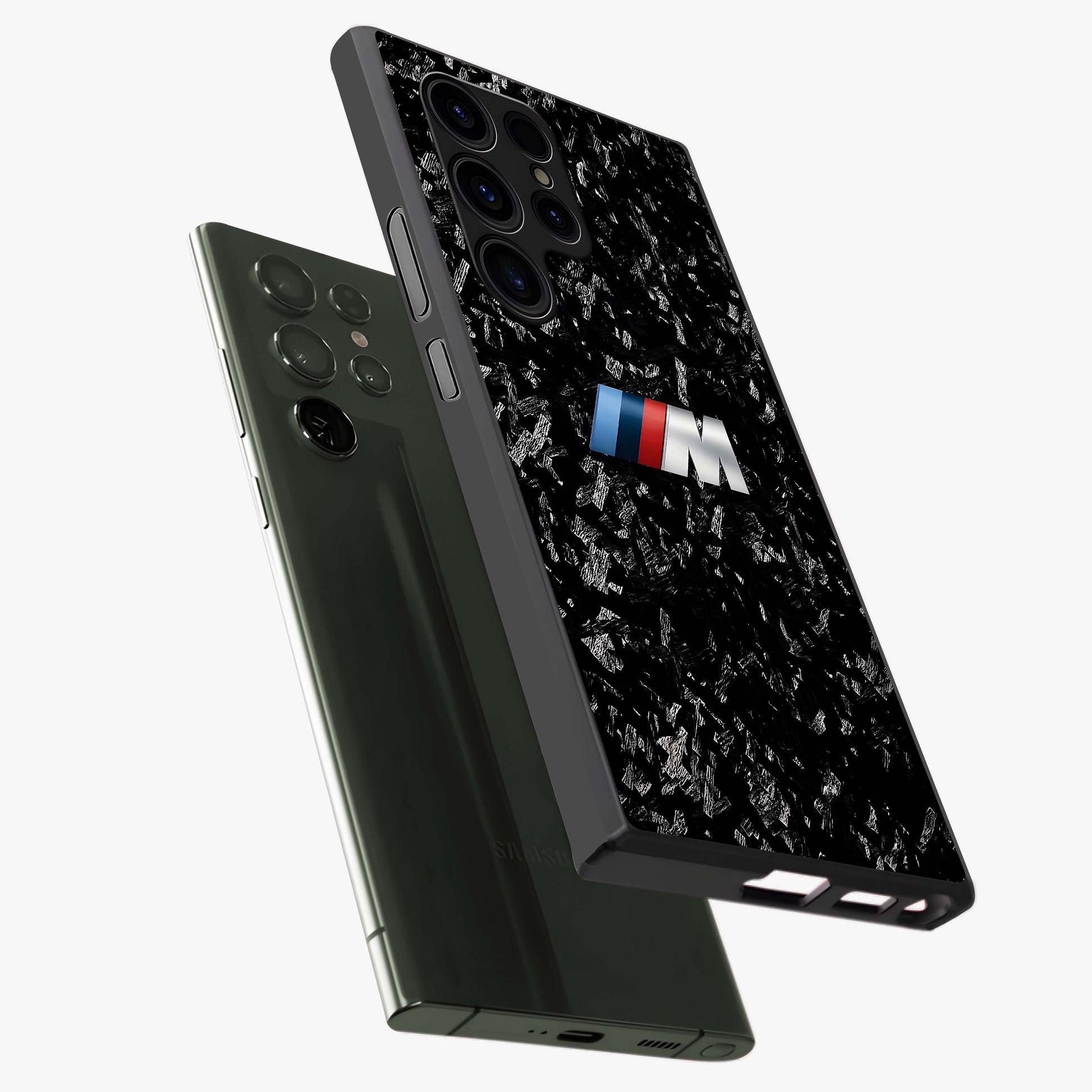 Carbon Speed Mark Glass Case displayed in angled mockup highlighting racing inspired carbon design and sleek aesthetic style.