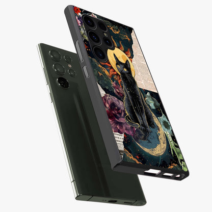 Celestial Black Cat Glass Case displayed in angled mockup highlighting cosmic black cat design with celestial aesthetic.