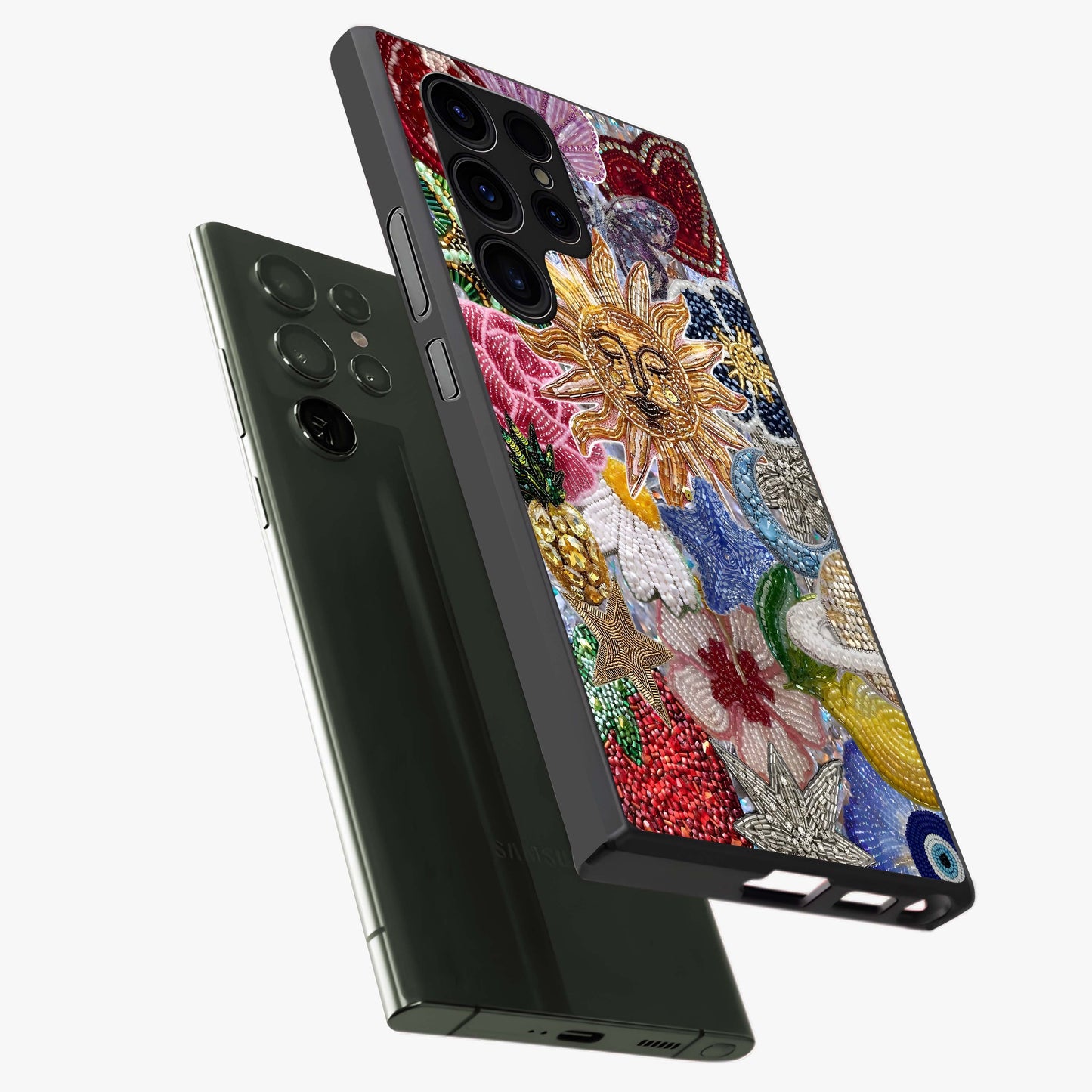 Celestial Floral and Playful Glass Case displayed in angled mockup highlighting playful floral design with dreamy celestial elements.