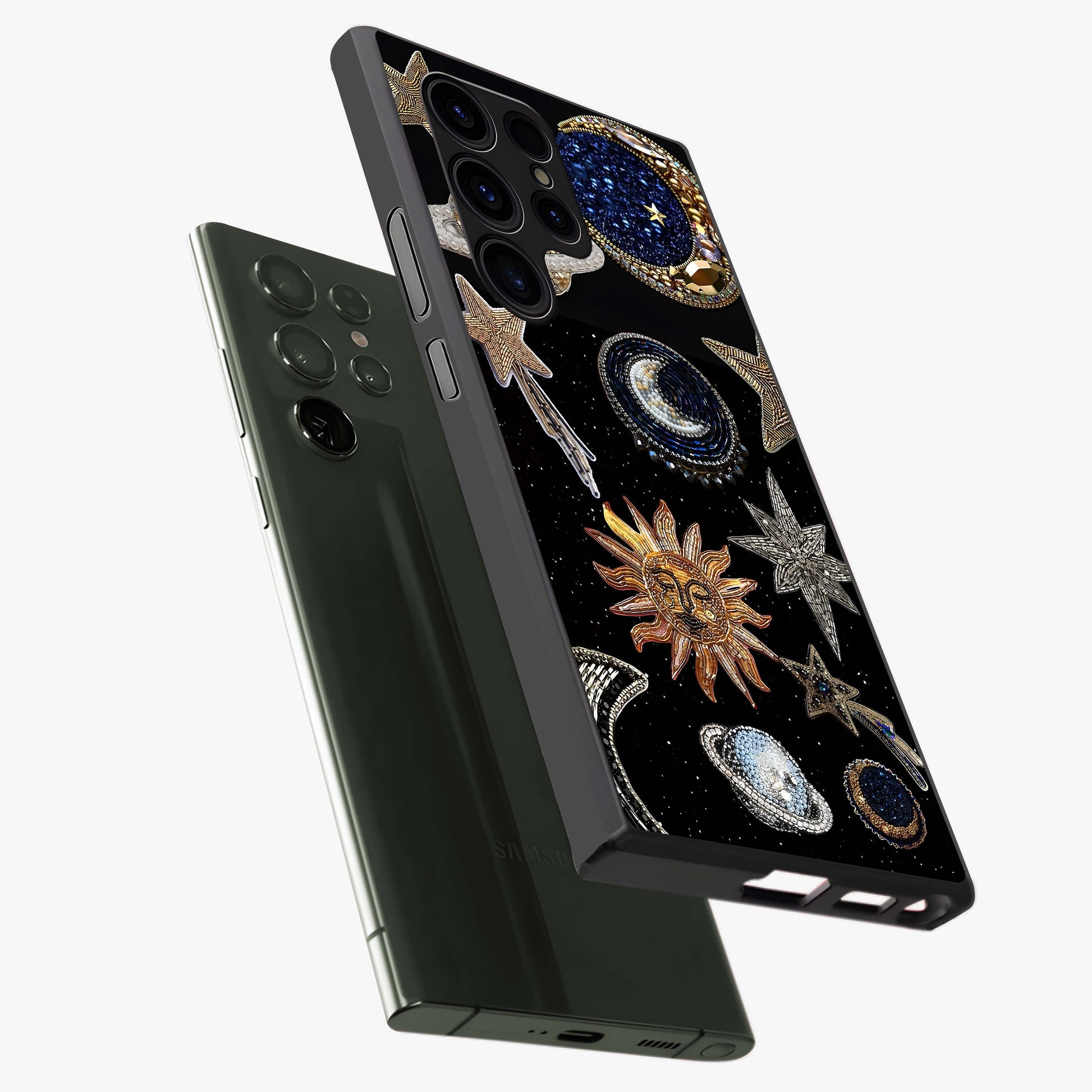Celestial Gem Constellations Glass Case displayed in angled mockup highlighting gemstone inspired constellation design.