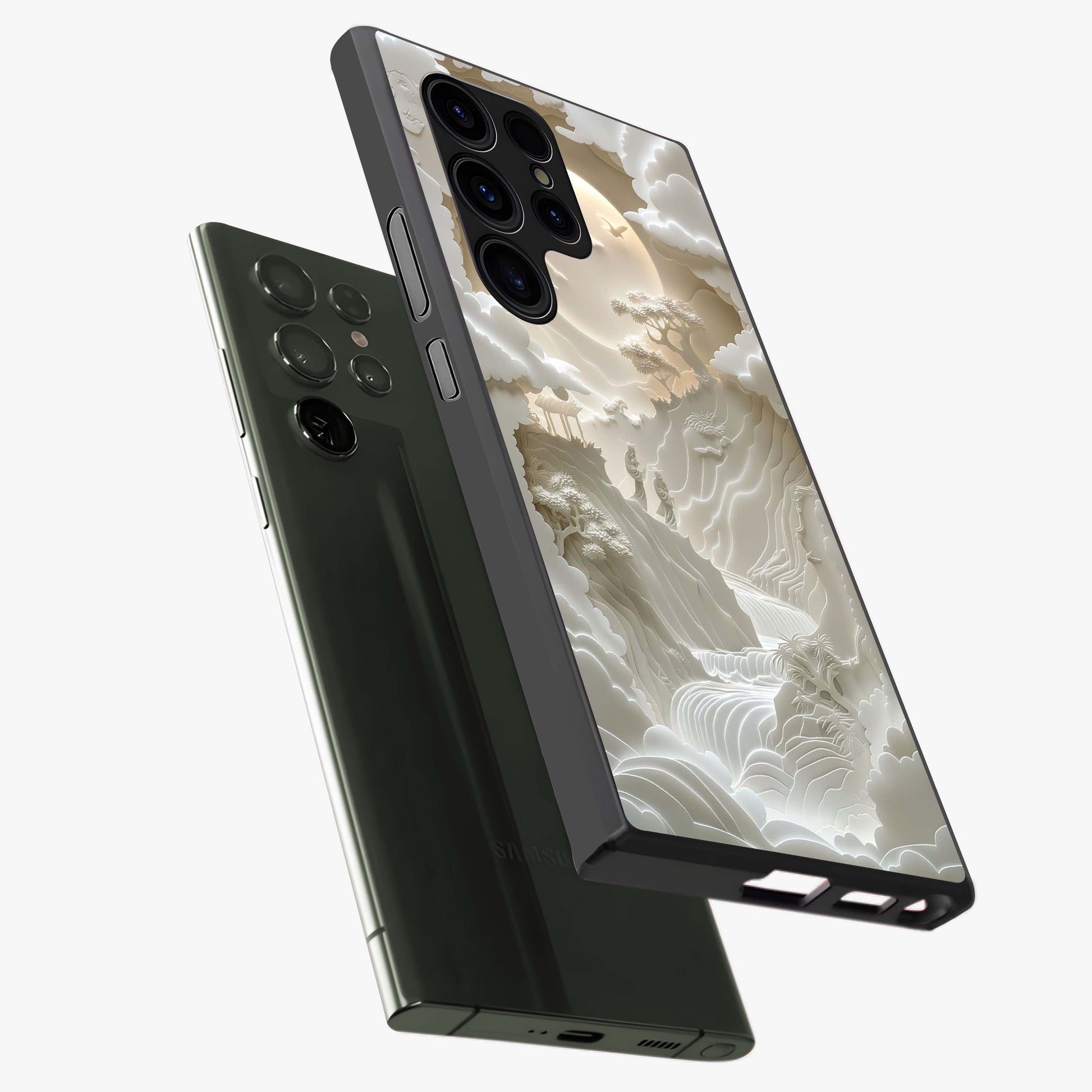 Celestial Origami Glass Case displayed in angled mockup highlighting geometric origami design with cosmic aesthetic theme.