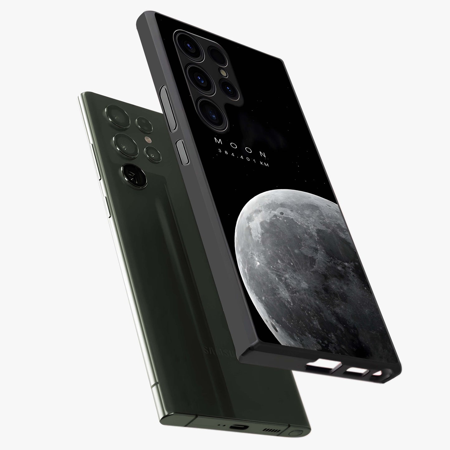 Cosmic Moon Glow Glass Case displayed in angled mockup highlighting celestial moon design with cosmic aesthetic theme.
