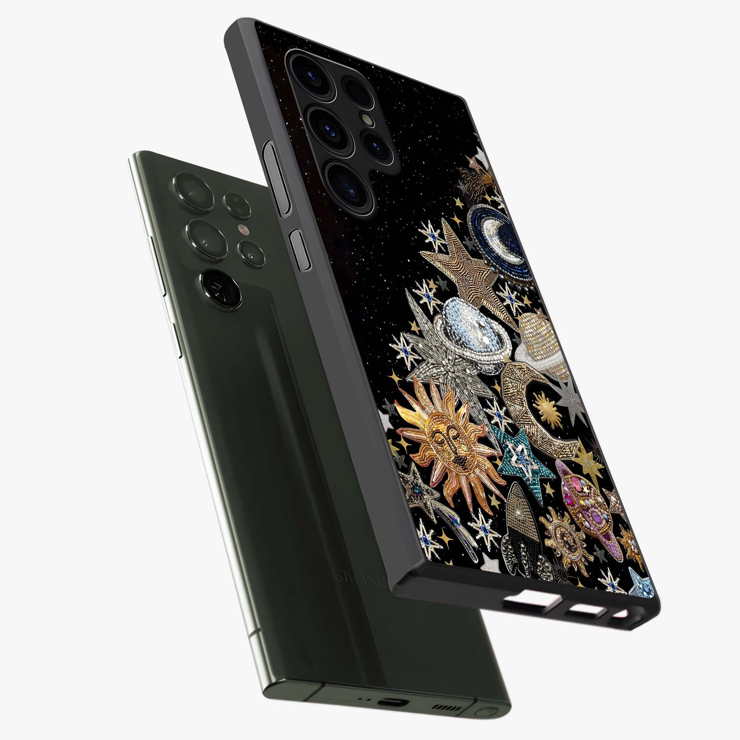 Cosmic Sparkle Dreams Glass Case displayed in angled mockup highlighting dreamy star sparkle design with celestial aesthetic.