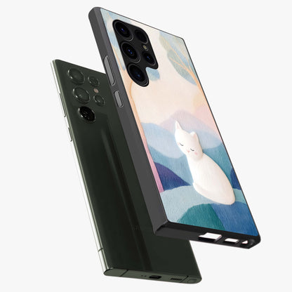 Cotton Dream Cat Glass Case displayed in angled mockup highlighting cute feline illustration with pastel aesthetic style.