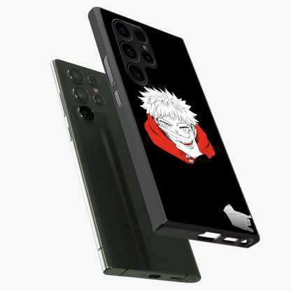 Crimson Chaos Smile Glass Case displayed in angled mockup highlighting edgy crimson smile design with graphic aesthetic.