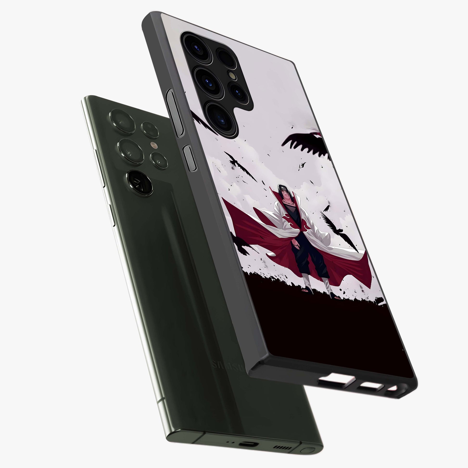 Crimson Crow Ascension Glass Case displayed in angled mockup highlighting powerful crow illustration with dark crimson aesthetic.