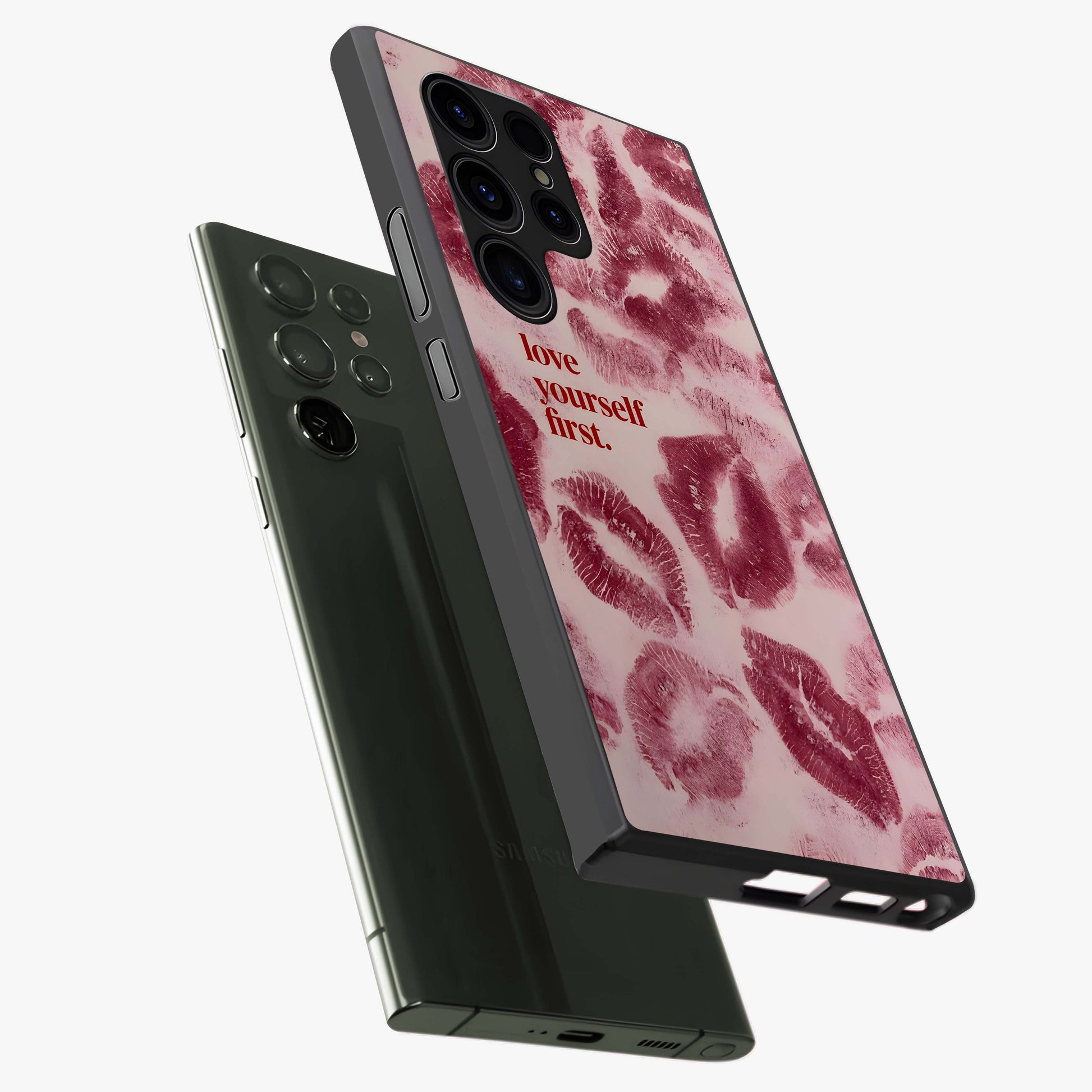 Crimson Kiss Love Glass Case displayed in angled mockup highlighting bold love inspired design with modern aesthetic style.