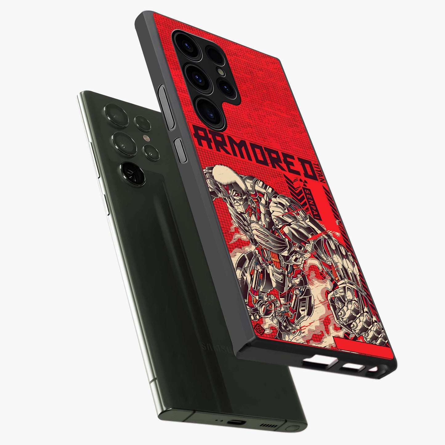 Crimson Mecha Titan Glass Case displayed in angled mockup highlighting futuristic mech illustration with bold crimson aesthetic.