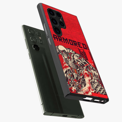 Crimson Mecha Titan Glass Case displayed in angled mockup highlighting futuristic mech illustration with bold crimson aesthetic.