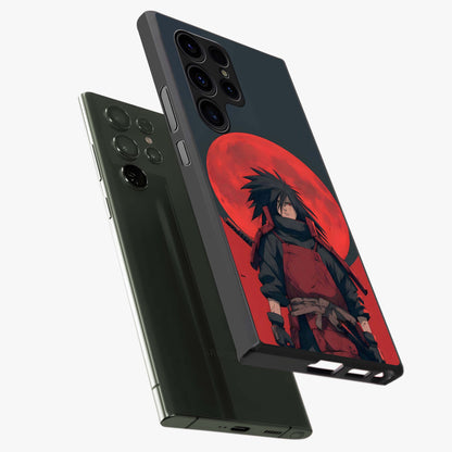 Crimson Moon Warlord Glass Case displayed in angled mockup highlighting dramatic crimson moon design with fantasy aesthetic.