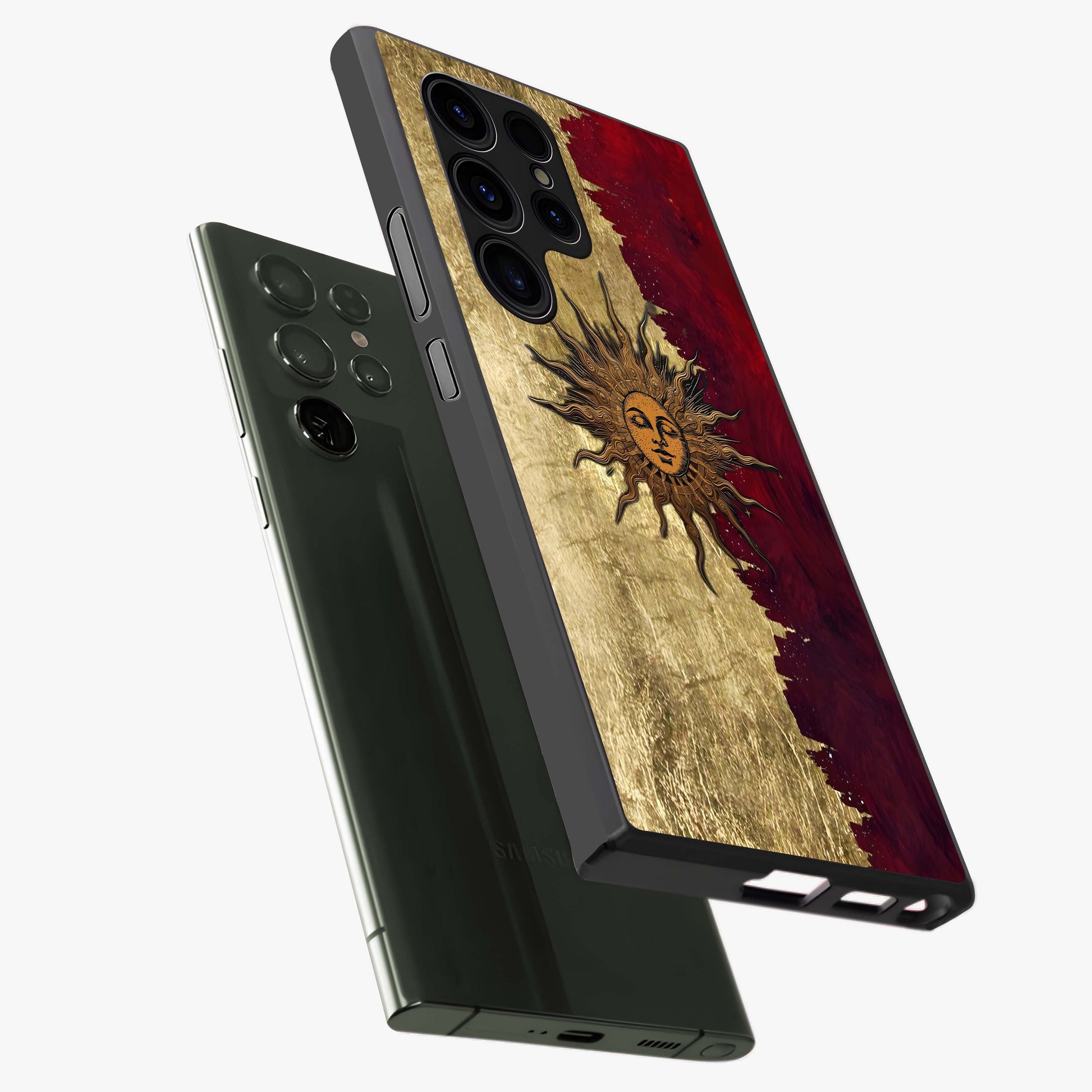 Crimson Sun Majesty Glass Case displayed in angled mockup highlighting majestic crimson sun design with bold aesthetic style.