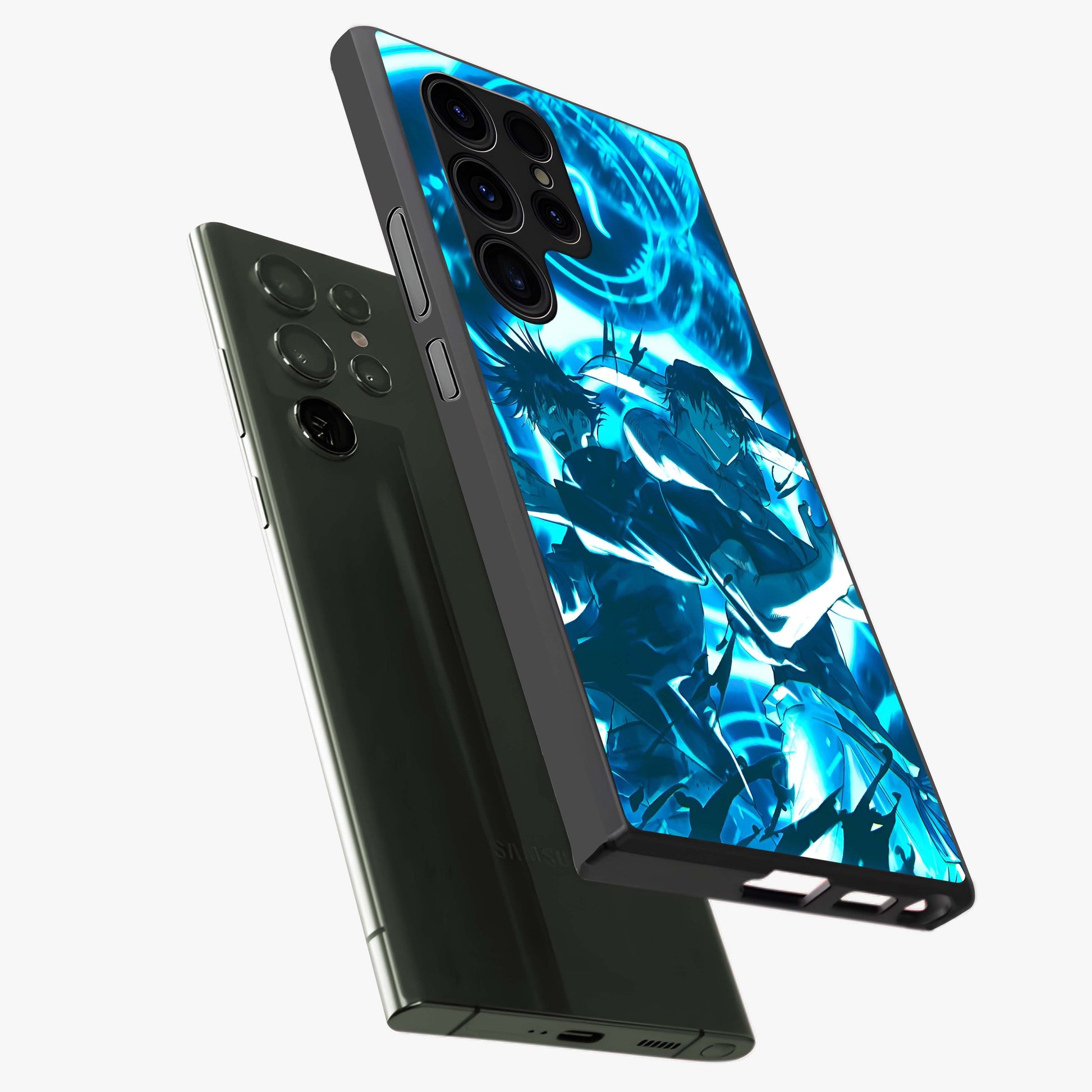 Cursed Energy Clash Glass Case displayed in angled mockup highlighting powerful battle inspired graphic with anime style aesthetic.