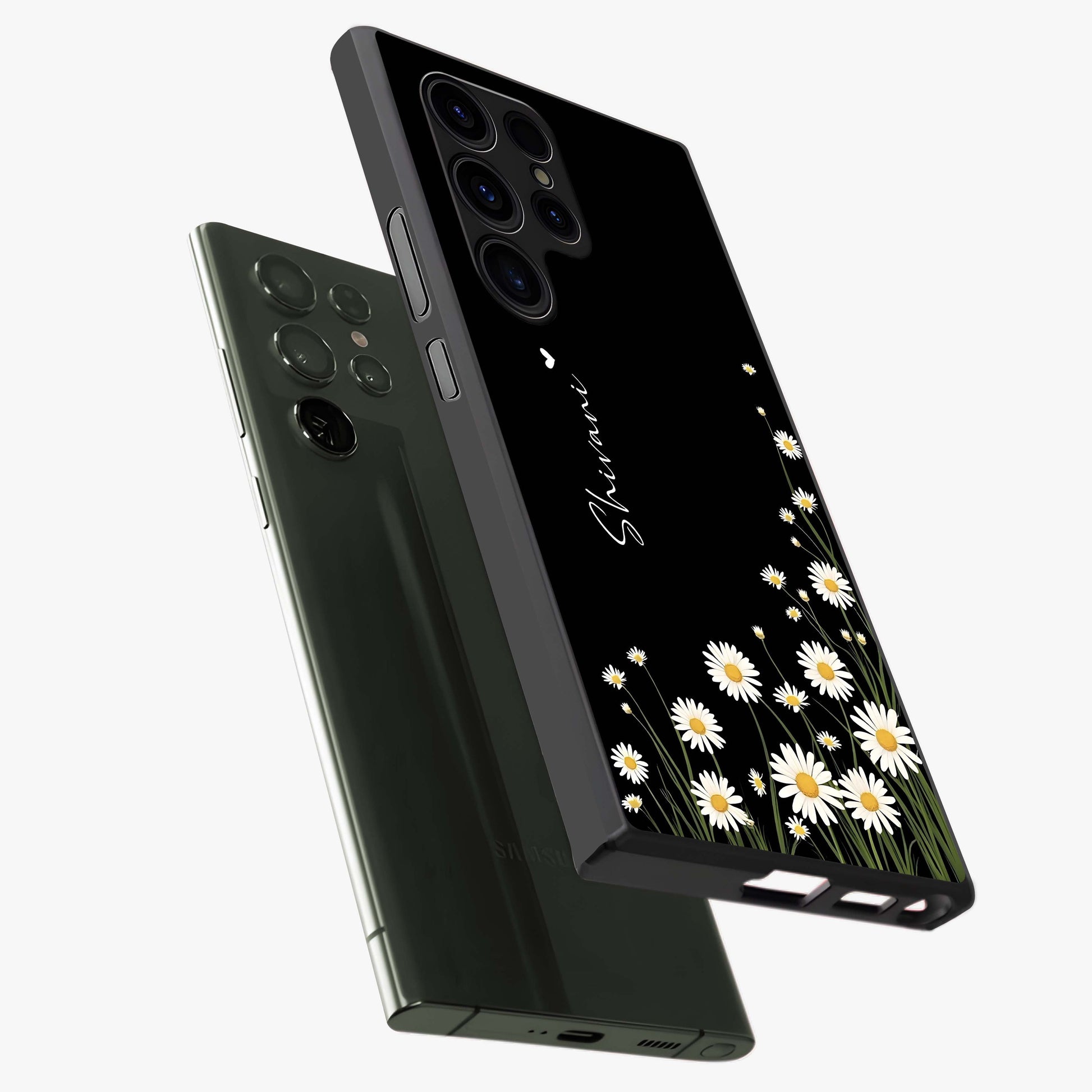 Daisy Cascade Custom Name Glass Case displayed in angled mockup highlighting delicate daisy artwork with custom name feature.