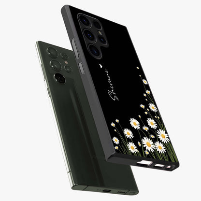Daisy Cascade Custom Name Glass Case displayed in angled mockup highlighting delicate daisy artwork with custom name feature.