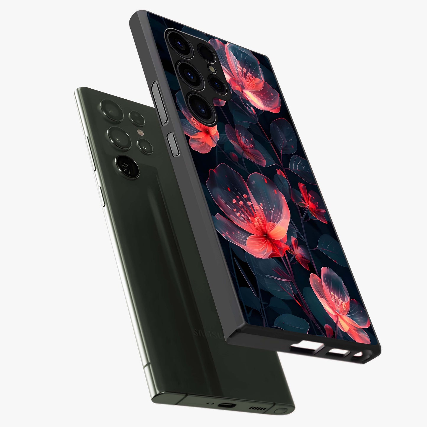 Dark Shade of Flower Glass Case displayed in angled mockup highlighting moody floral illustration with aesthetic dark tones.