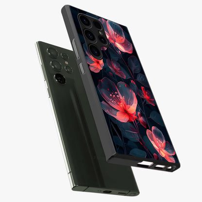 Dark Shade of Flower Glass Case displayed in angled mockup highlighting moody floral illustration with aesthetic dark tones.