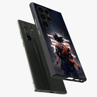 Dark Warrior In Rain Glass Case displayed in angled mockup highlighting dramatic warrior illustration with dark rain aesthetic.