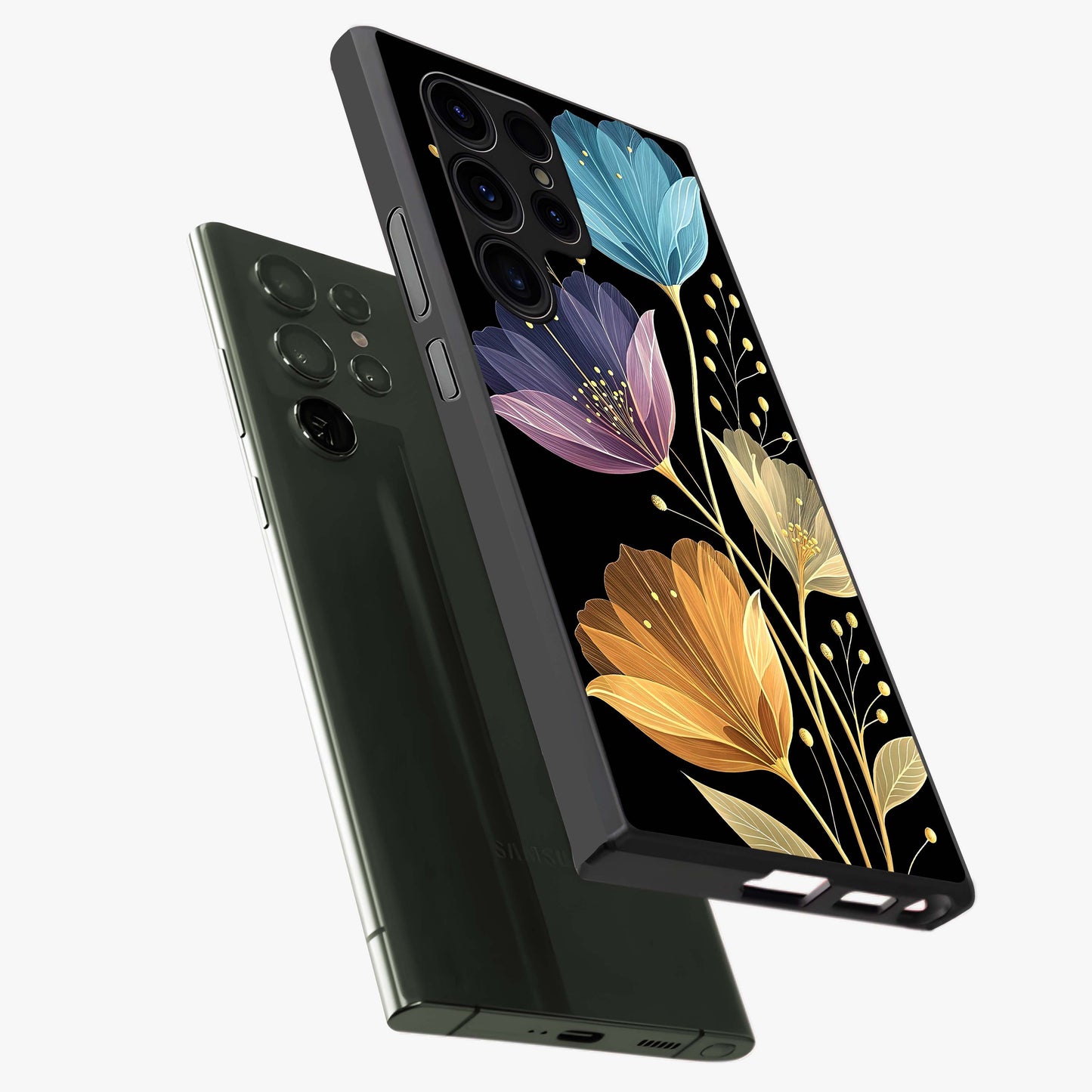 Delicate Multicolor Flowers Glass Case displayed in angled mockup highlighting colorful flower pattern with soft aesthetic style.