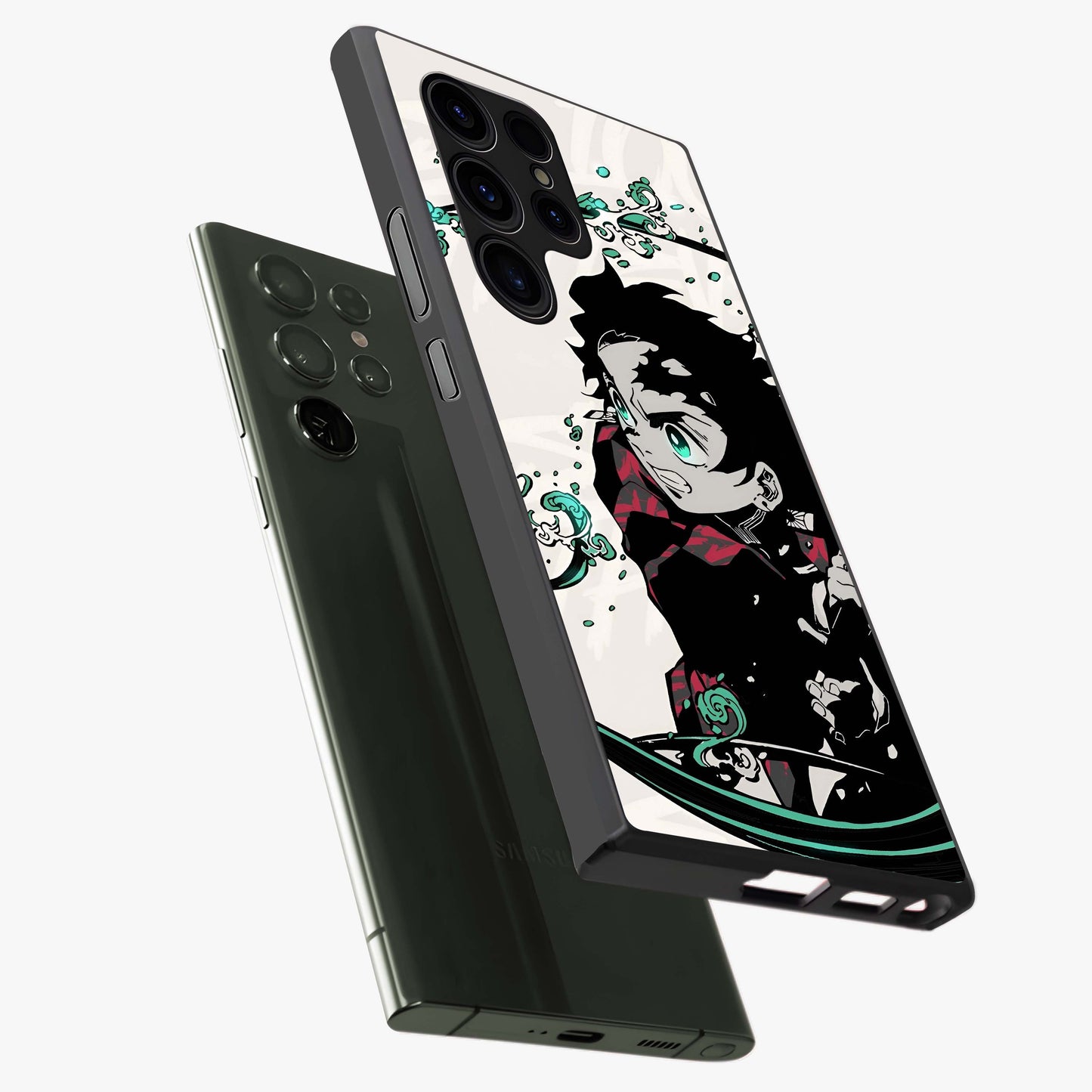 Demon Slayer Glass Case displayed in angled mockup highlighting dramatic anime character design with action aesthetic.