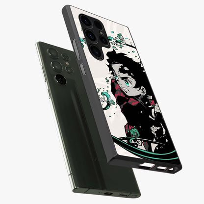 Demon Slayer Glass Case displayed in angled mockup highlighting dramatic anime character design with action aesthetic.