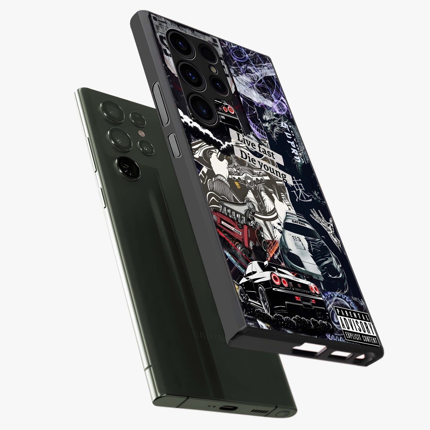 Die Young Glass Case displayed in angled mockup highlighting expressive graphic artwork with edgy aesthetic style.