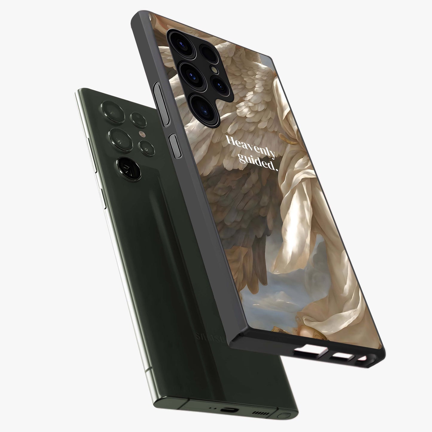 Divine Winged Grace Glass Case displayed in angled mockup highlighting graceful wing design with divine aesthetic style.