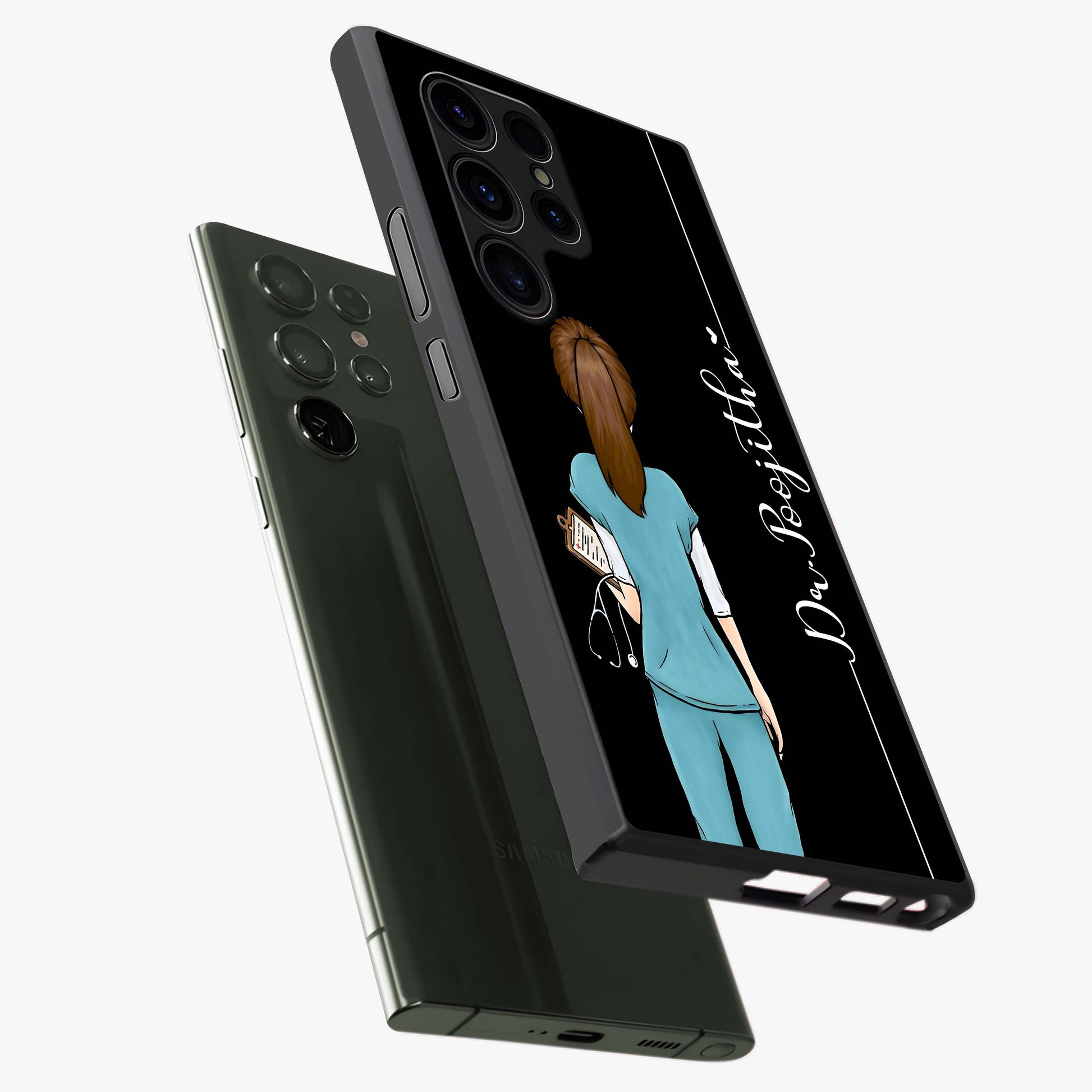 Doctor Pattern Custom Name Glass Case displayed in angled mockup highlighting doctor inspired artwork with custom name feature.