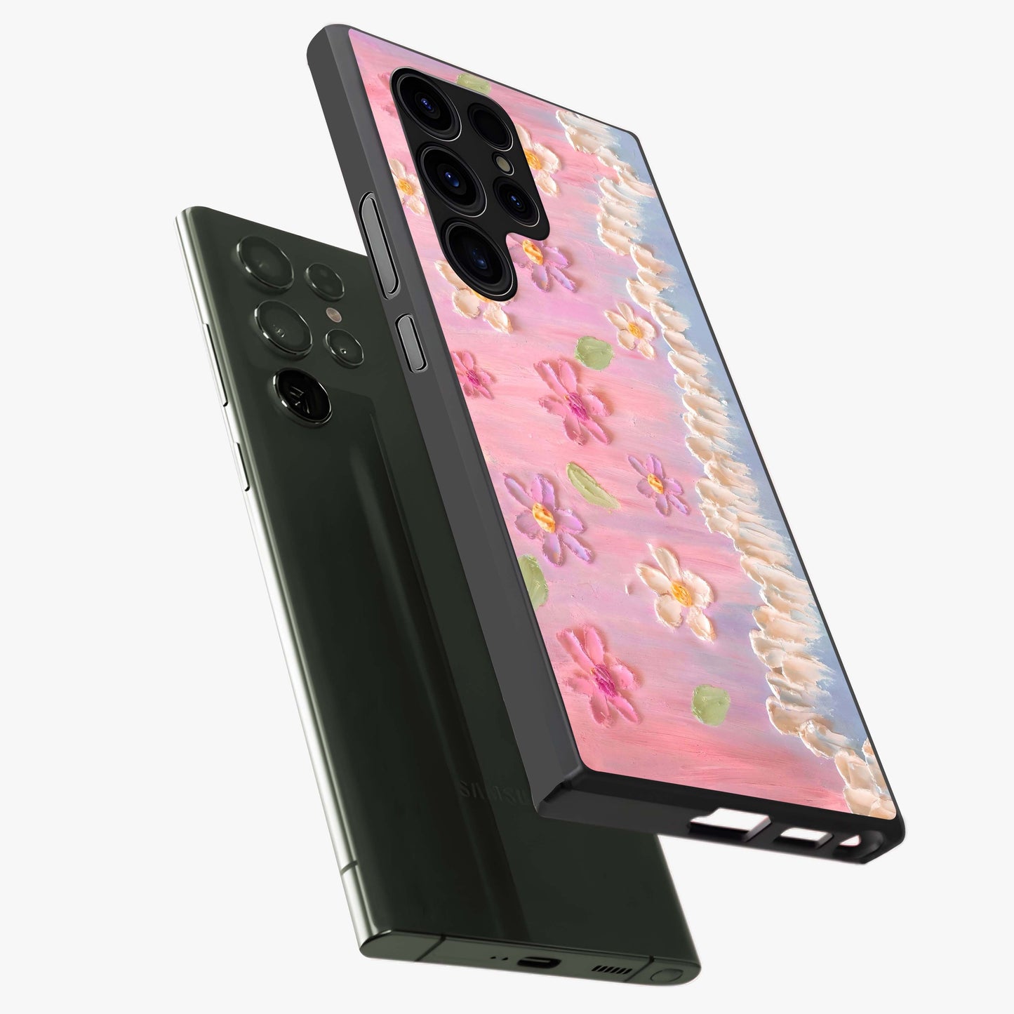 Dreamy Painted Garden Glass Case displayed in angled mockup highlighting colorful garden illustration with dreamy aesthetic style.