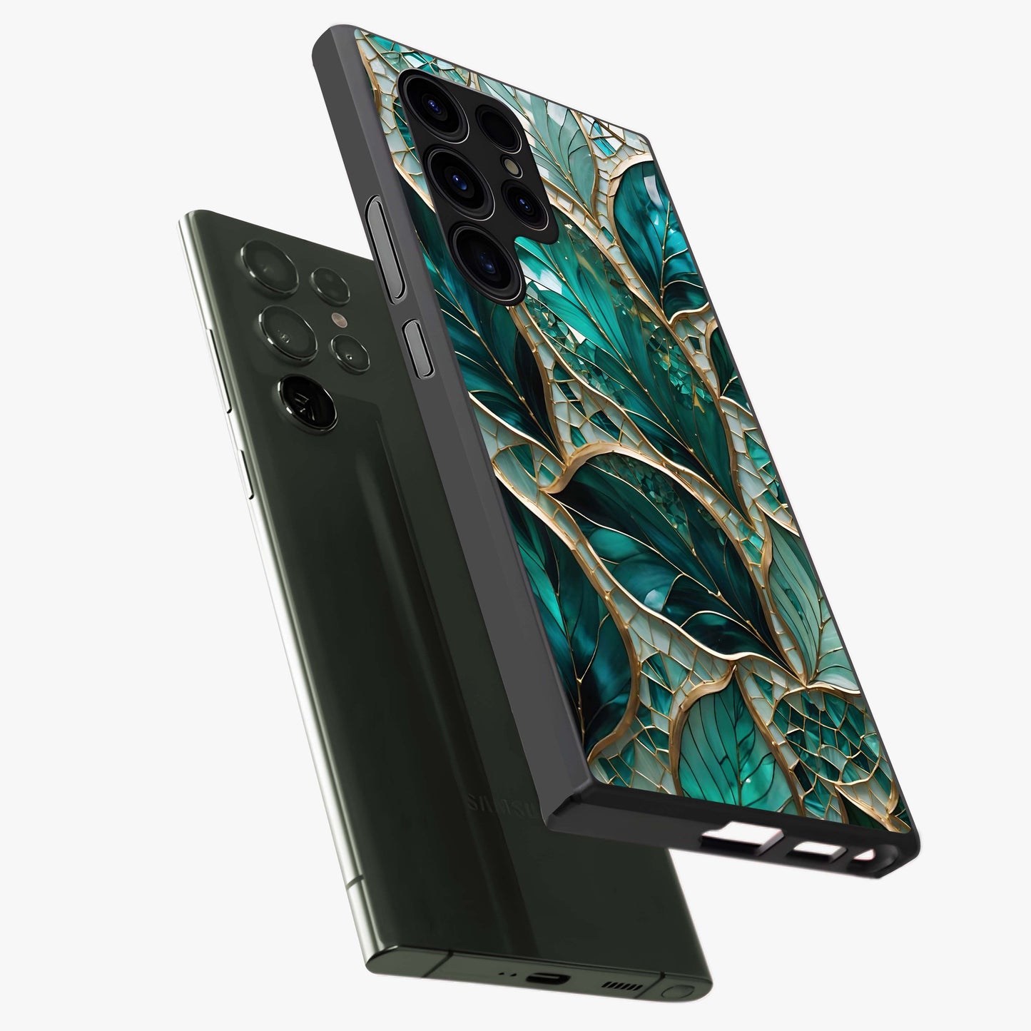 Emerald Leaf Glass Glass Case displayed in angled mockup highlighting botanical leaf illustration with elegant natural aesthetic.