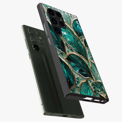 Emerald Leaf Glass Glass Case displayed in angled mockup highlighting botanical leaf illustration with elegant natural aesthetic.