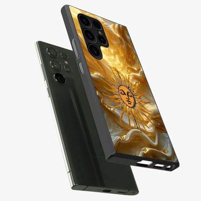 Eternal Golden Glow Glass Case displayed in angled mockup highlighting glowing golden aesthetic design with elegant style.