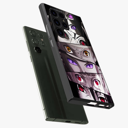 Eyes of Destiny Glass Case displayed in angled mockup highlighting bold eye illustration with mystical aesthetic style.