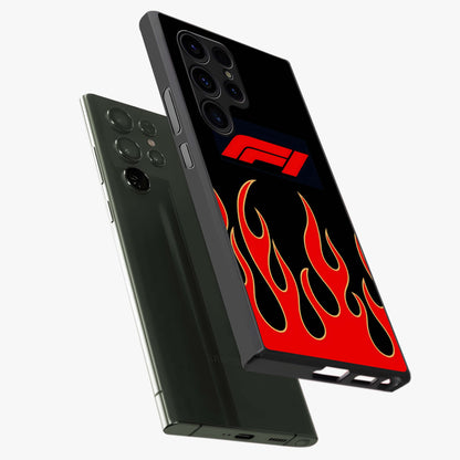 Fire F11 Glass Case displayed in angled mockup highlighting bold fire inspired graphic with energetic aesthetic style.