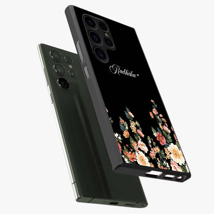 Floral Design With a Custom Personalized Name Glass Case displayed in angled mockup highlighting elegant floral pattern with custom name feature.