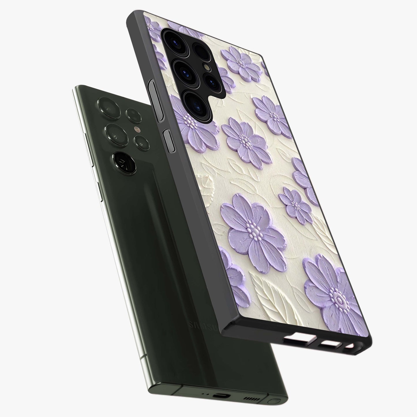 Floral Wall Art With Purple Flowers Glass Case displayed in angled mockup highlighting vibrant purple floral illustration with artistic aesthetic.