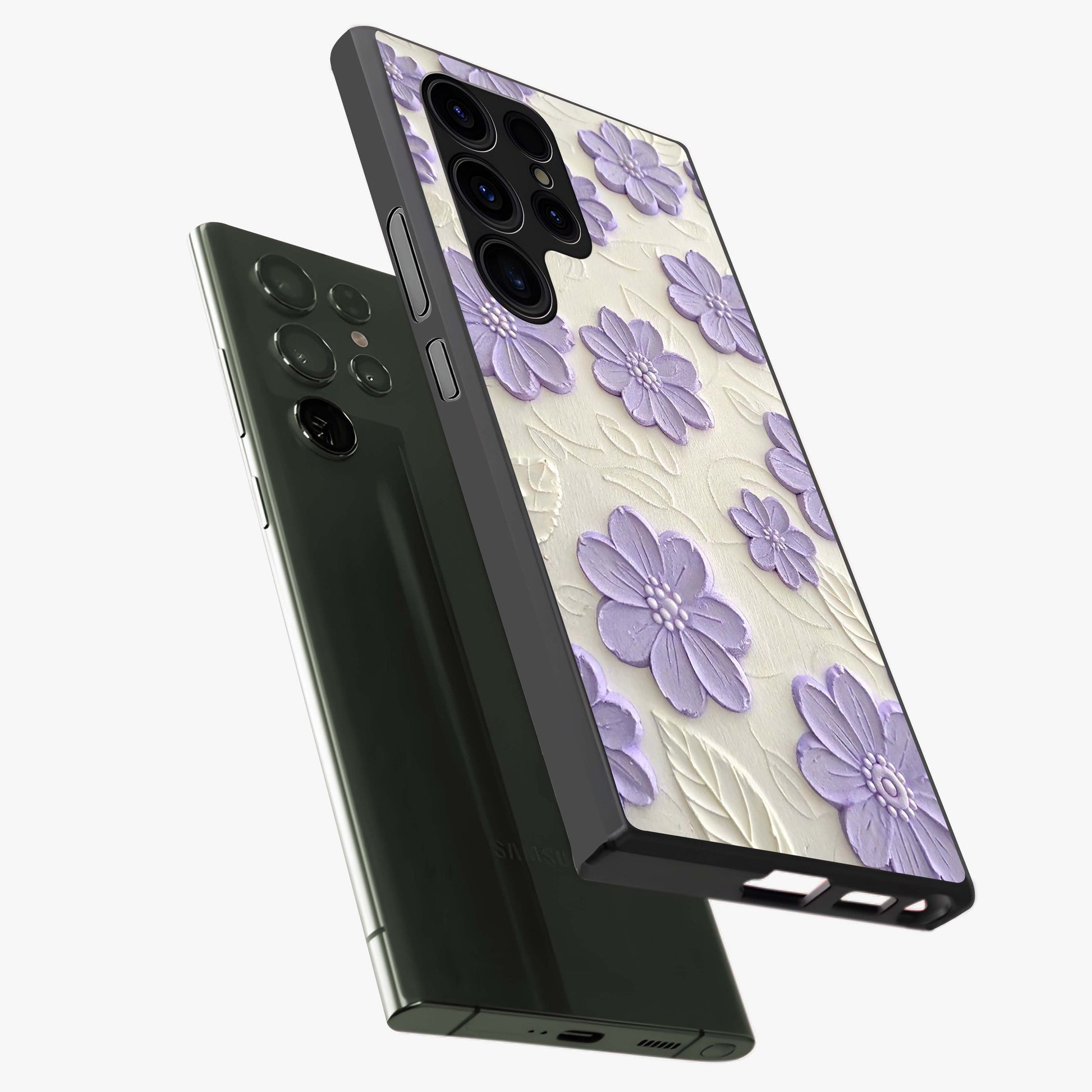Floral Wall Art With Purple Flowers Glass Case displayed in angled mockup highlighting vibrant purple floral illustration with artistic aesthetic.