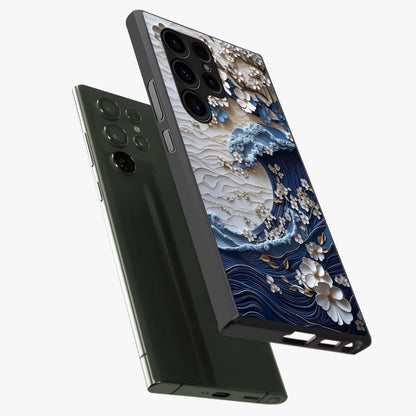Floral Wave Origami Glass Case displayed in angled mockup highlighting geometric origami flower design with modern aesthetic style.