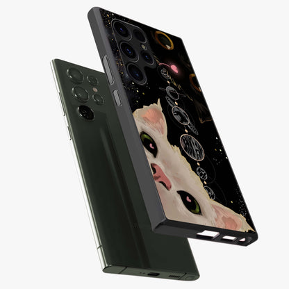 Galactic Cat Glass Case displayed in angled mockup highlighting celestial feline illustration with galaxy aesthetic style.