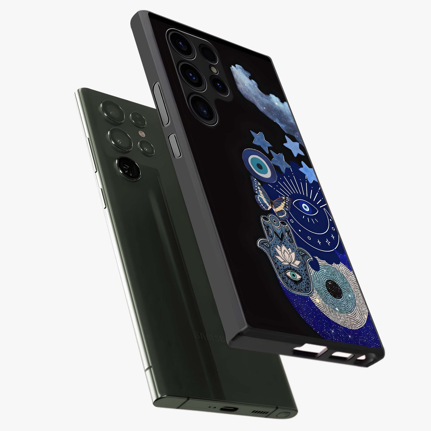 Galactic Charm Cluster Glass Case displayed in angled mockup highlighting luminous galaxy inspired design with dreamy aesthetic.