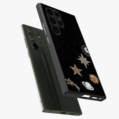 Galactic Charm Glow Glass Case displayed in angled mockup highlighting luminous galaxy inspired design with dreamy aesthetic.