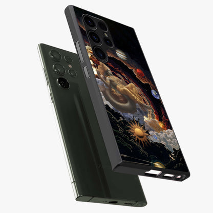Galactic Divine God Glass Case displayed in angled mockup highlighting powerful celestial deity illustration with galactic aesthetic.