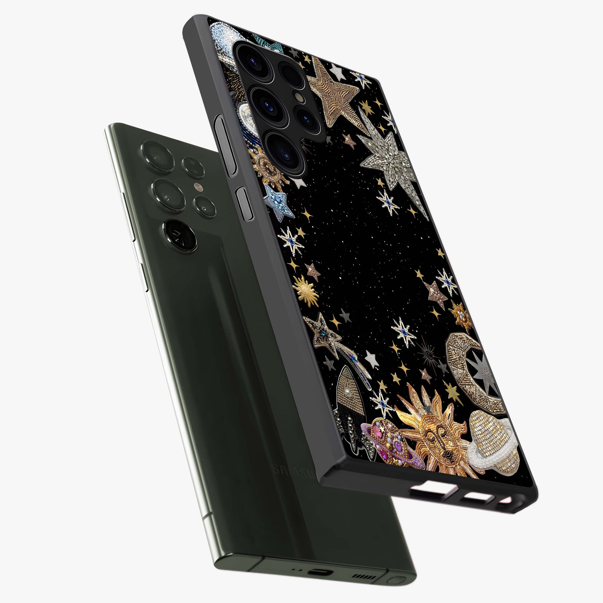 Galactic Jewel Stars Glass Case displayed in angled mockup highlighting shining celestial star design with cosmic aesthetic style.