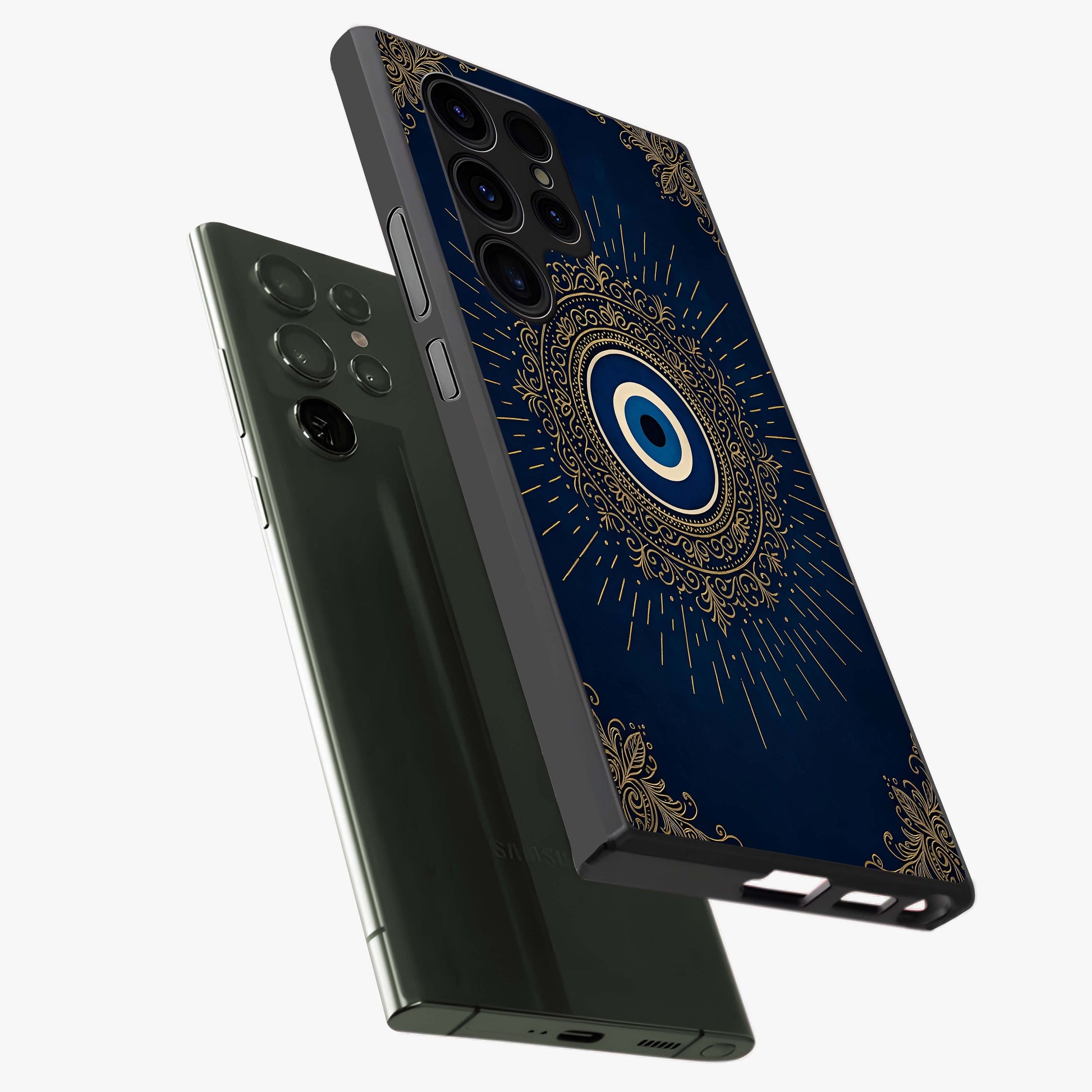 Golden Celestial Charm Glass Case displayed in angled mockup highlighting sparkling cosmic charm design with celestial aesthetic.