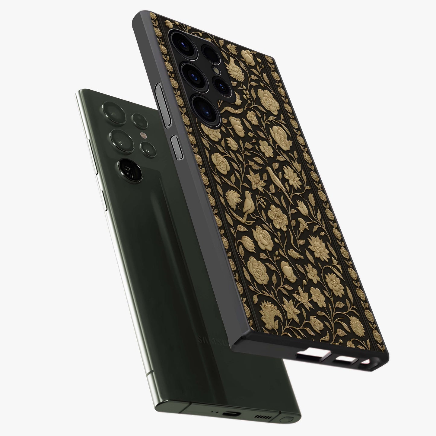 Golden Evil Eye Mandala Glass Case displayed in angled mockup highlighting protective evil eye symbol with golden mandala design.