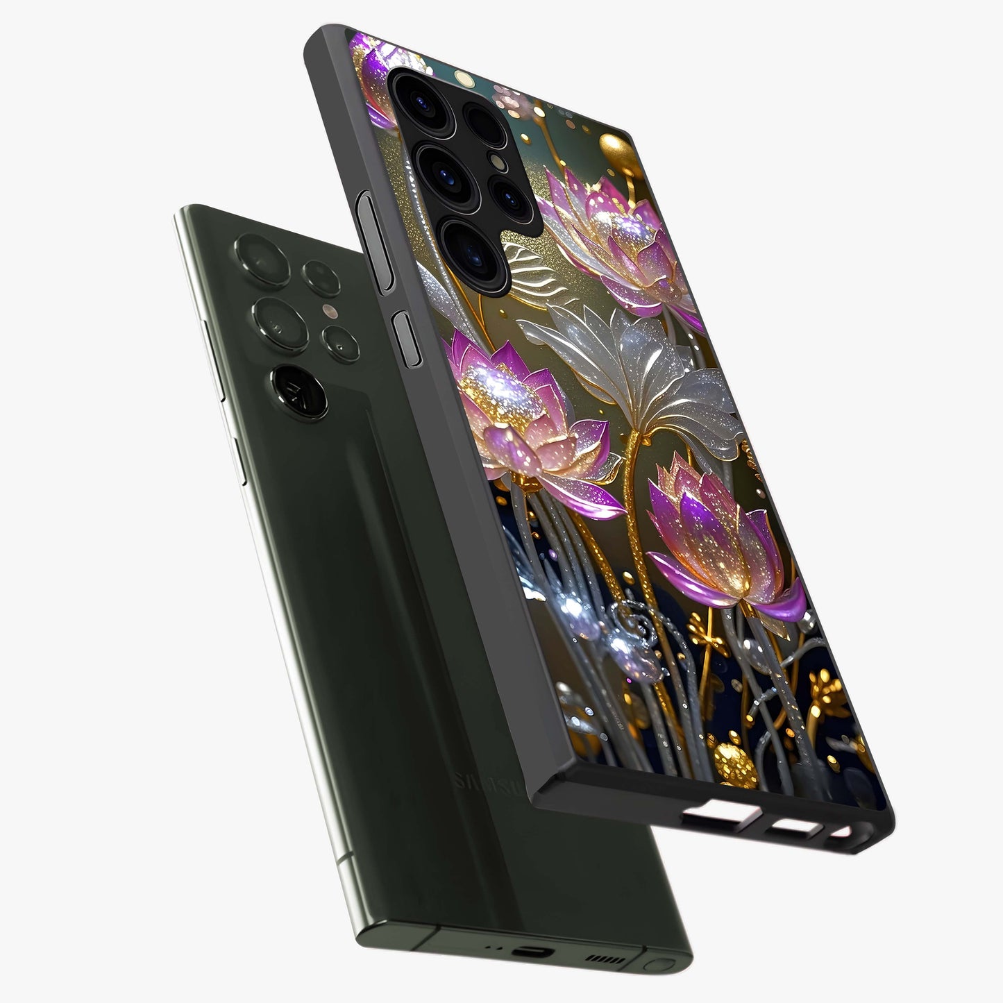 Golden Floral Majesty Glass Case displayed in angled mockup highlighting elegant flower design with royal golden aesthetic.