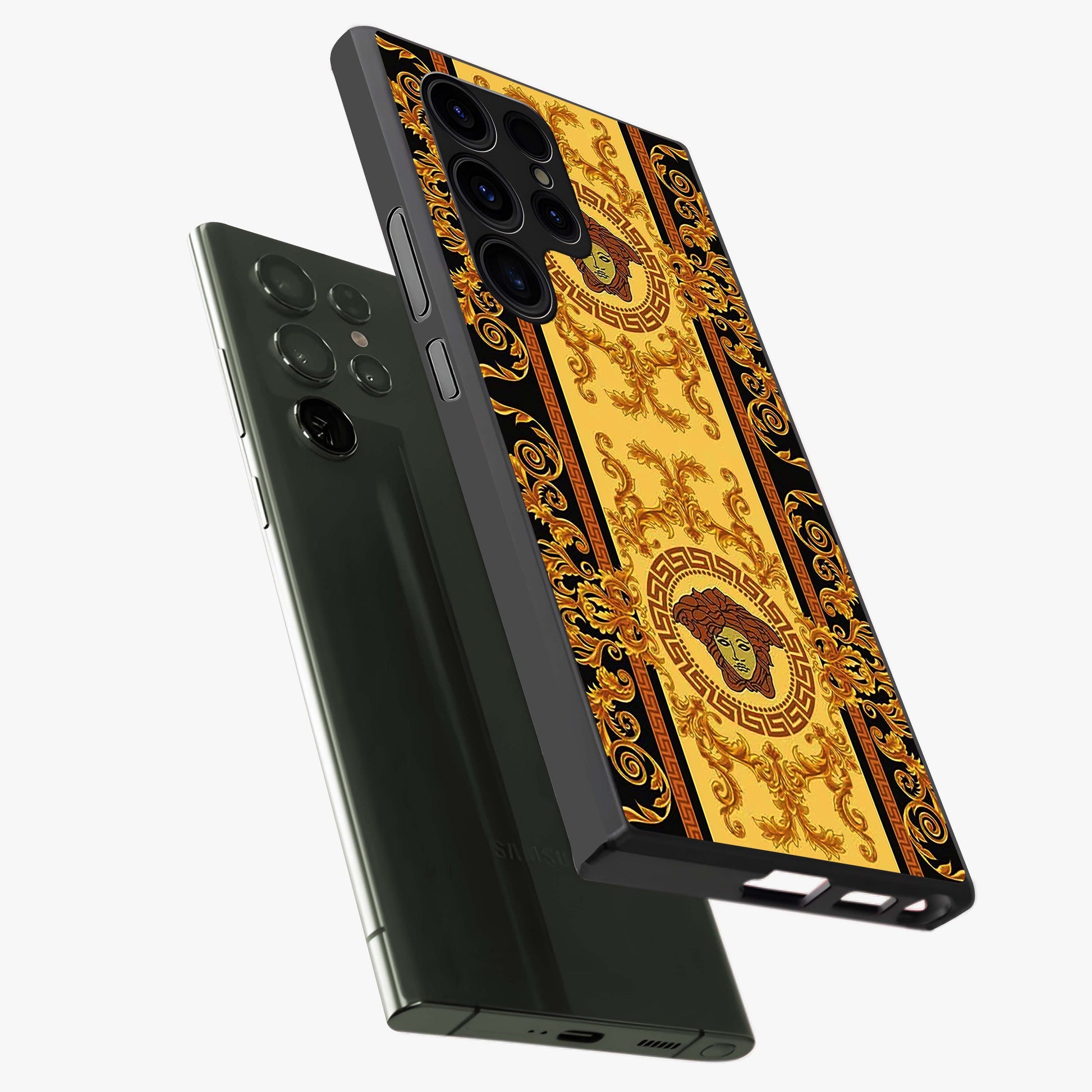 Golden Lotus Glow Glass Case displayed in angled mockup highlighting radiant lotus illustration with spiritual aesthetic.
